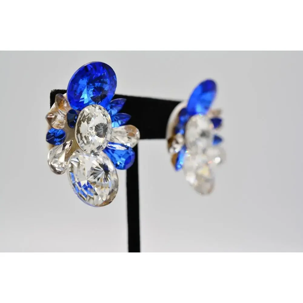 Vintage Crystal Earrings Blue Clear Chunky Rhinestone Sparkling 1990s BinAS